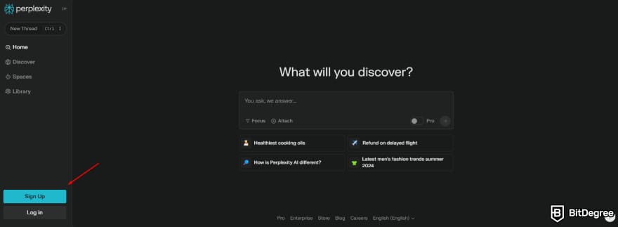 Perplexity AI promo code: a red arrow pointing to the Sign Up button.