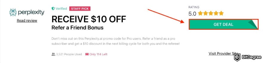 Perplexity AI promo code: a red arrow pointing to the GET DEAL button.