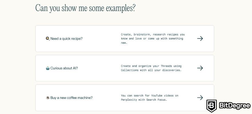 Ulasan Perplexity AI: Perplexity menampilkan kasus penggunaan platform-nya.