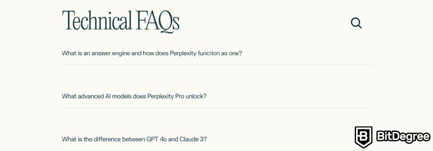 Perplexity AI review: Perplexity's FAQ page.