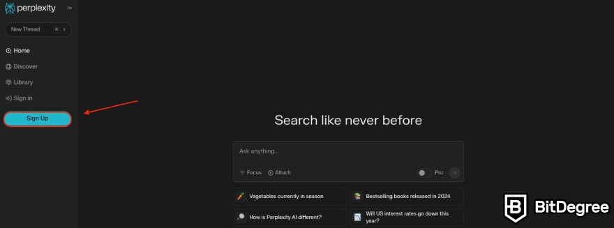 Perplexity AI review: a red arrow pointing to a sign up button.