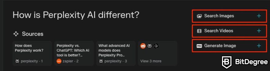 Perplexity AI review: red outlines on Generate Image, Search Images, and Search Video feature.