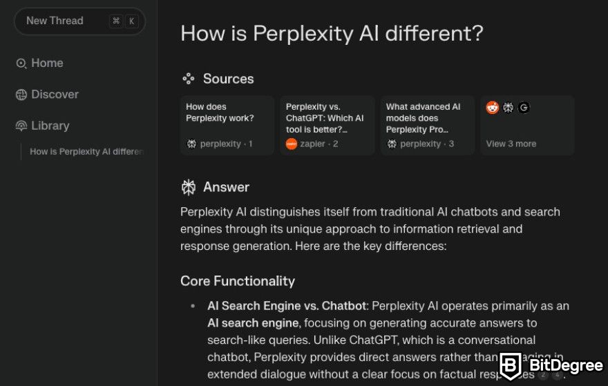 Perplexity AI review: Perplexity's outputted message.