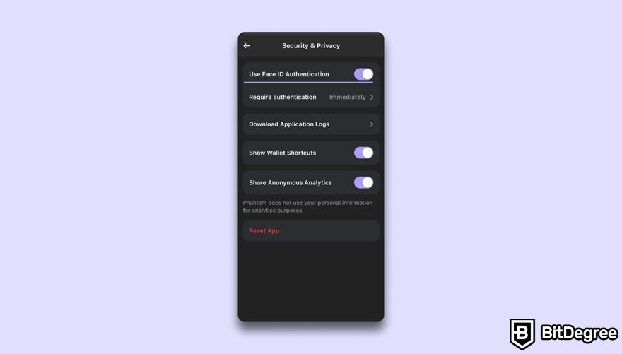 Phantom Wallet review: Face ID setting.