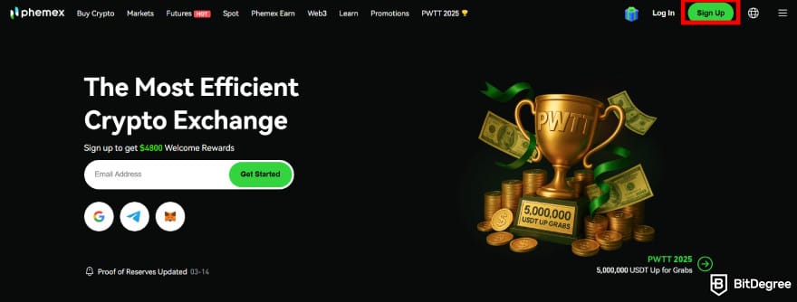 Phemex invitation code: the [Sign Up] button in the top right corner of the homepage.