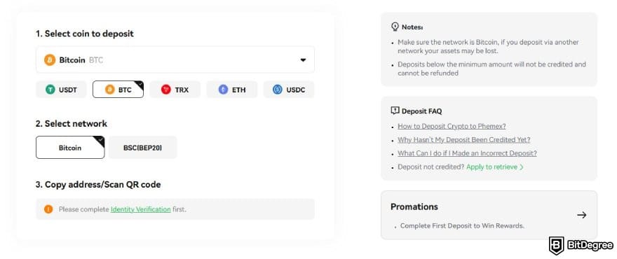 Phemex review: the crypto deposit page on Phemex.