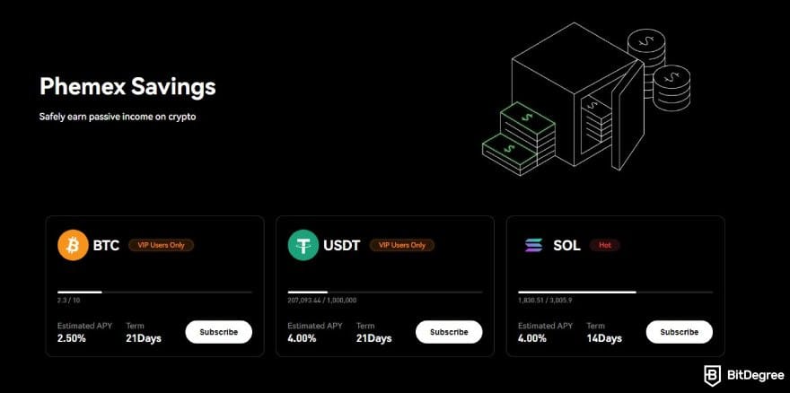 Phemex review: the Savings page on Phemex's website.