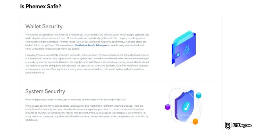 Phemex review: the security page on Phemex's website.