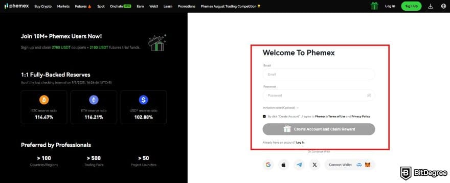 Phemex review: the sign up page on Phemex's website.