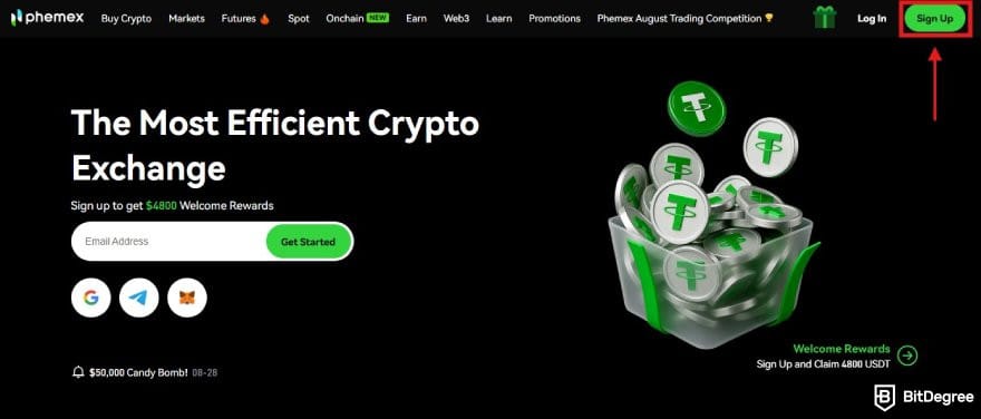 Phemex review: Phemex homepage with the Sign Up button highlighted.