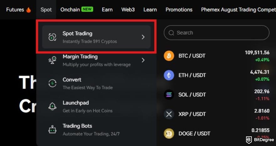 Phemex review: the Spot Trading menu on Phemex website.