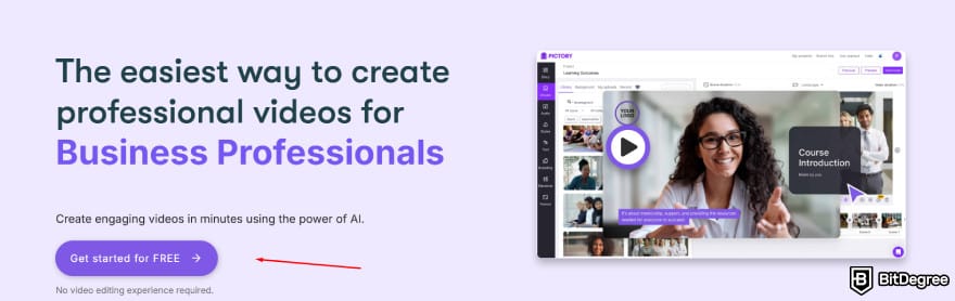 Pictory.ai coupon code: a red arrow pointing to the Get started for FREE button.