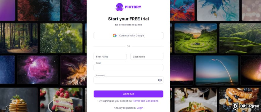 Pictory.ai coupon code: Pictory.ai's sign up page.