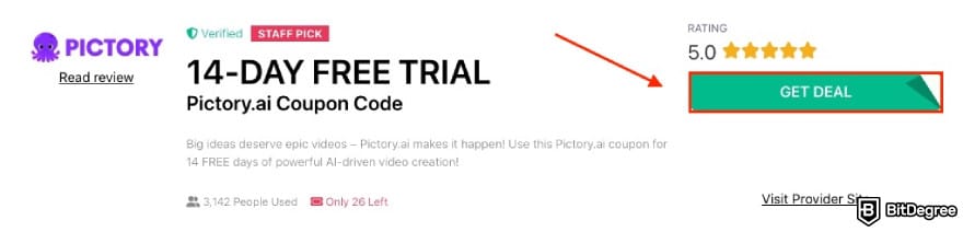 Pictory.ai coupon code: a red arrow pointing to the GET DEAL button.