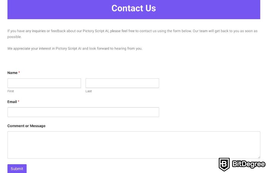 Pictory.ai review: Pictory's customer support request page.