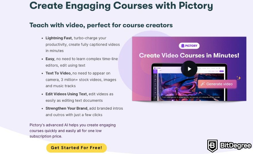 Pictory.ai review: Pictory displaying the benefits of creating courses with its software.