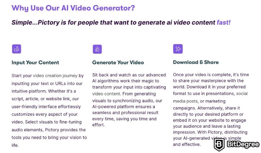 Pictory.ai review: video generator feature page displaying the benefits of this tool.