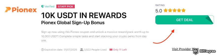 Pionex referral code: a red arrow pointing to the [GET DEAL] button on BitDegree's page.