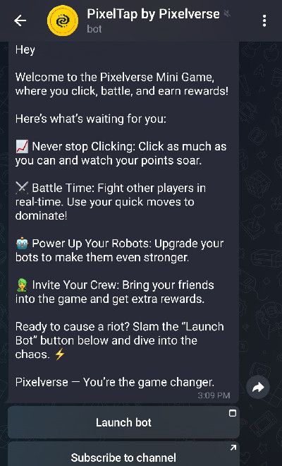 Pixelverse airdrop: a screenshot of the PixelTap by Pixelverse Telegram bot.