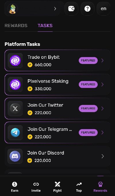 Pixelverse airdrop: a screenshot of the Tasks tab in PixelTap app.