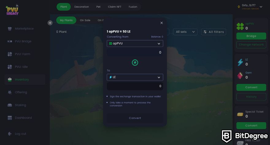 Plant VS Undead NFT: a screenshot of the token conversion pop-up on PVU Legacy.