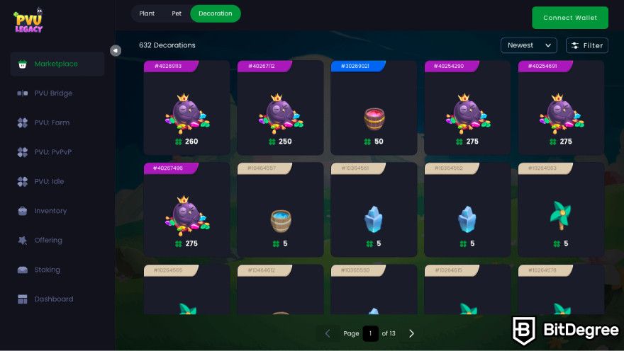 Plant VS Undead NFT: a screenshot of decorations on the PVU Legacy marketplace.