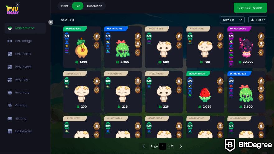 Plant VS Undead NFT: a screenshot of pets on the PVU Legacy marketplace.