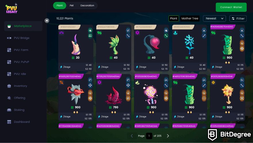Plant VS Undead NFT: a screenshot of plants on the PVU Legacy marketplace.