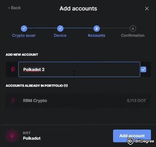 Polkadot staking: Ledger Nano X's Add accounts pop-up window for Polkadot.