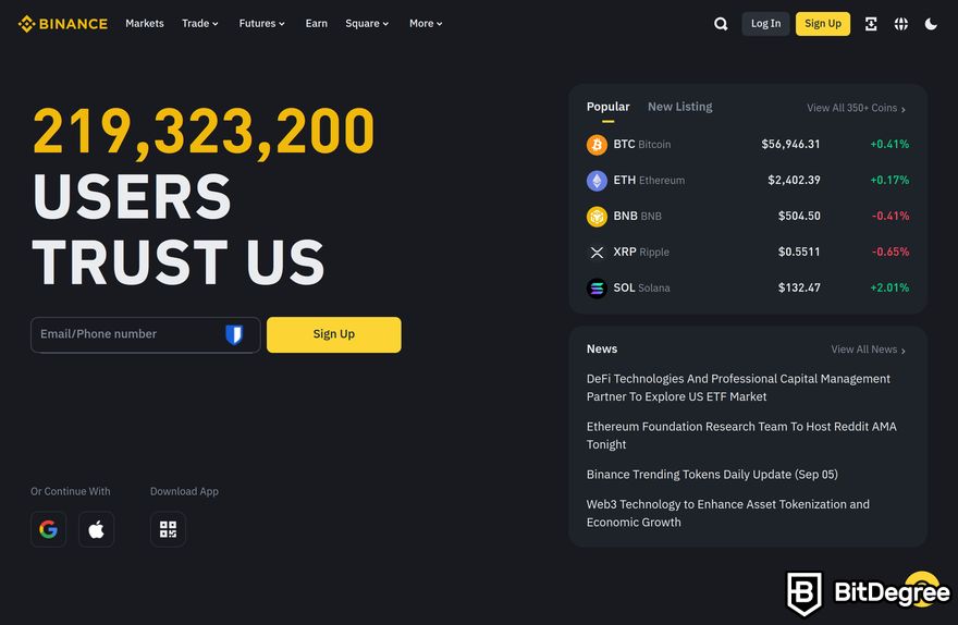 Polkadot staking: a preview of Binance homepage.