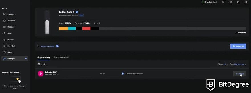 Polkadot staking: Ledger Nano X Manager screen showing Polkadot (DOT) application.