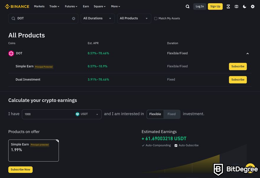 Polkadot staking: a preview of Binance Earn page showing Polkadot (DOT) in search results.