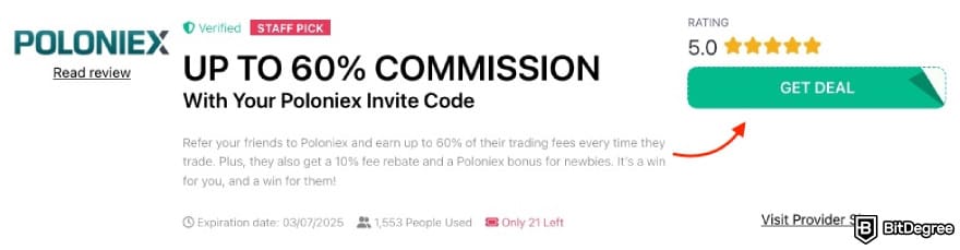 Poloniex referral code: a red arrow pointing to the [GET DEAL] button on BitDegree's page.