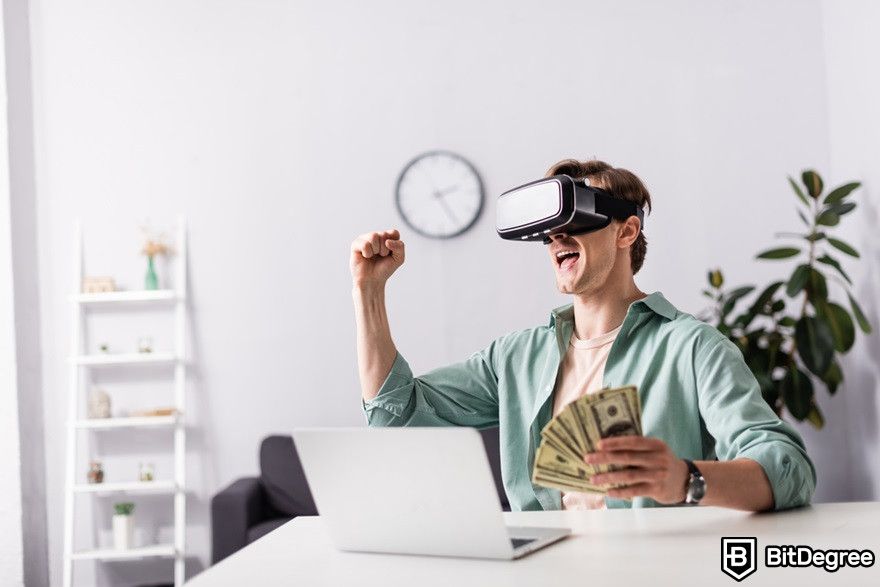 Polygon blockchain: A man holding money and wearing a VR headset.