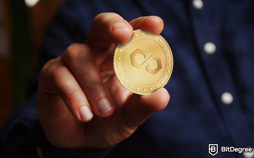 Polygon blockchain: Polygon Matic cryptocurrency symbol on golden coin in hand.