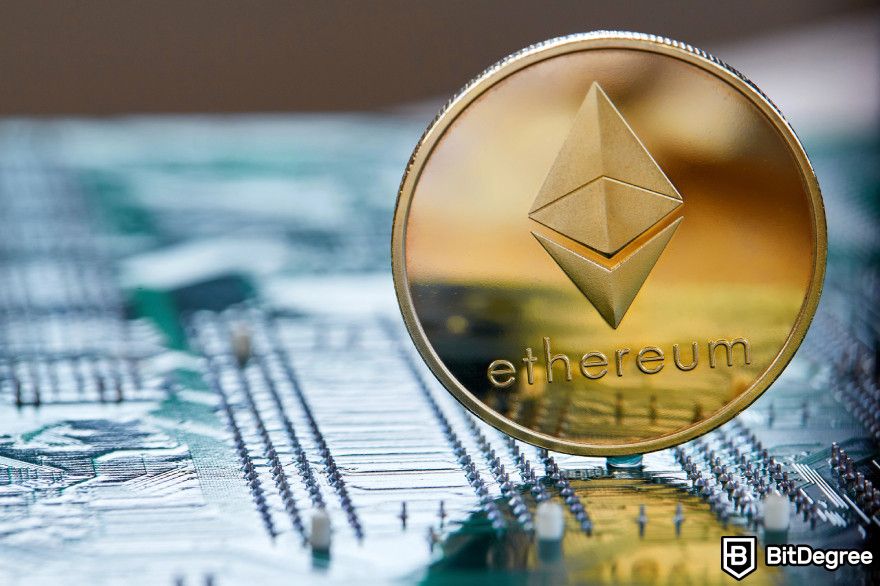 Polygon staking: Ethereum coin on a circuit board.