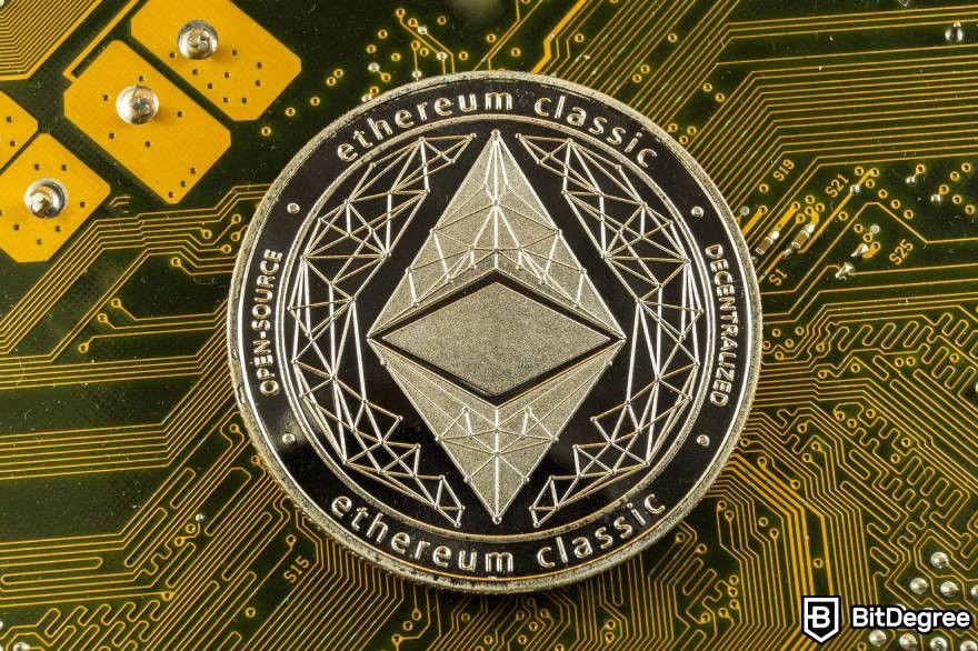 Polygon VS Ethereum: Ethereum Classic coin on circuit board