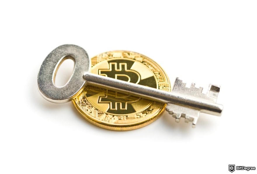 Polymarket review: a key on top of a BTC coin.