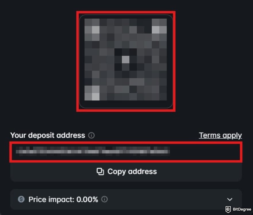 Polymarket review: the deposit window on Polymarket with the deposit address highlighted.