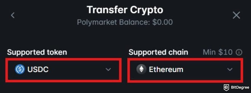 Polymarket review: the deposit window on Polymarket with the token and network options highlighted.