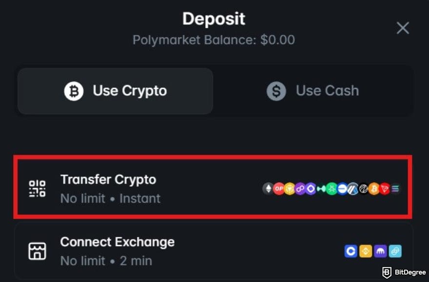 Polymarket review: the deposit window on Polymarket with the Transfer Crypto button highlighted.
