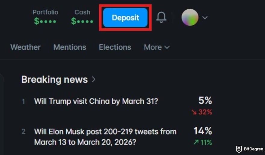 Polymarket review: a portion of Polymarket's homepage with the deposit button highlighted.
