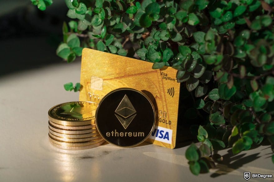 Polymarket review: a stack of ETH coins and a Visa card.