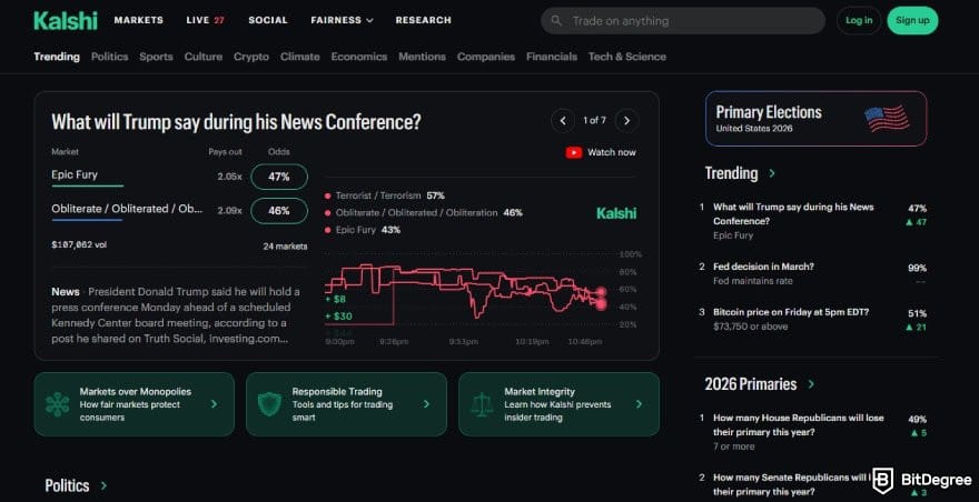 Polymarket review: Kalshi's homepage.