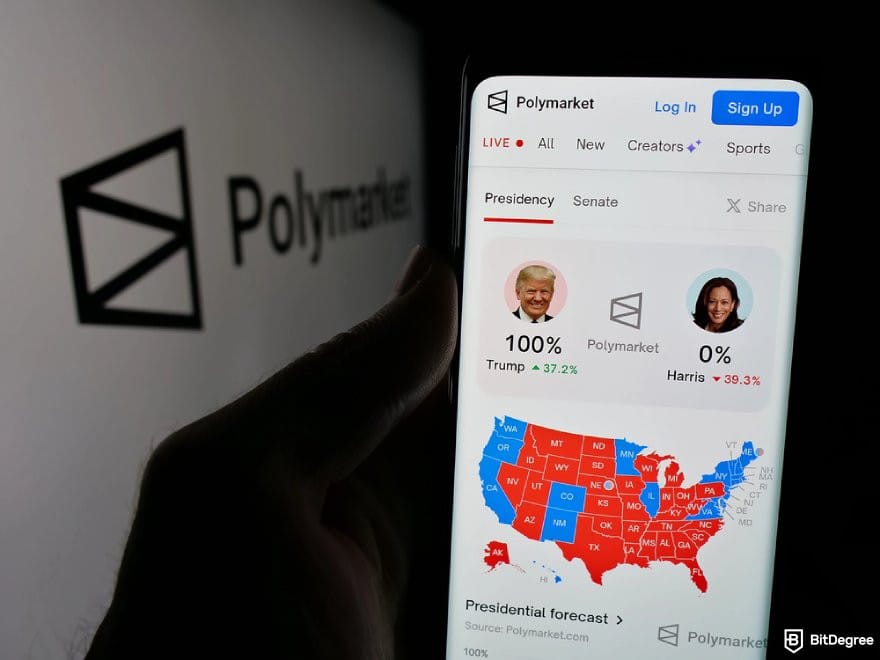 Polymarket review: a hand holding a phone displaying the US presidency race market on Polymarket.