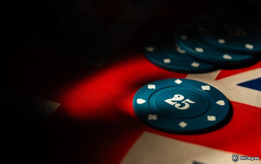 Polymarket review: a close up of some poker chips on the Union Jack flag.