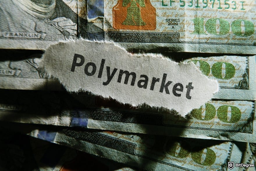 Polymarket review: a piece of newspaper with Polymarket text on it on top of some $100 bills.