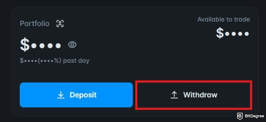 Polymarket review: the Portfolio interface on Polymarket with the Withdraw button highlighted.