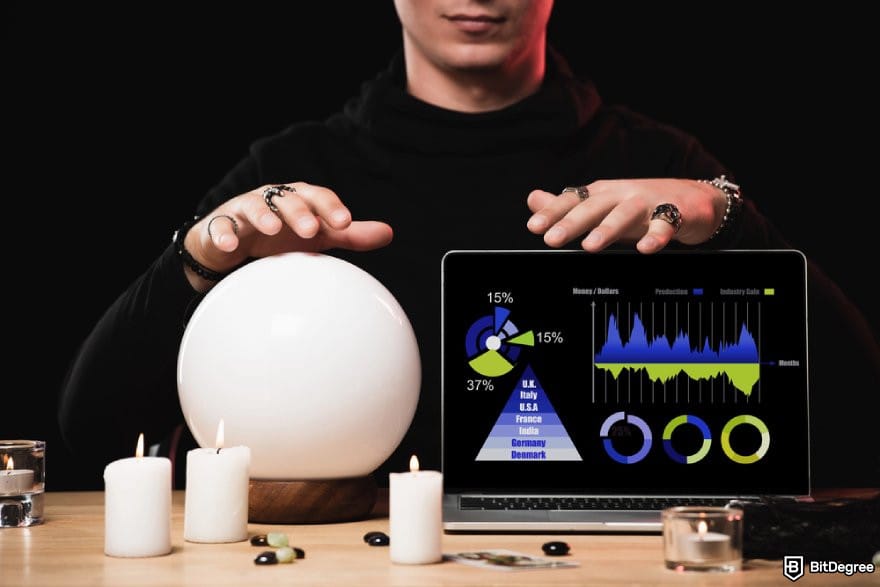 Polymarket review: a person putting their hands above a crystal ball and a laptop.
