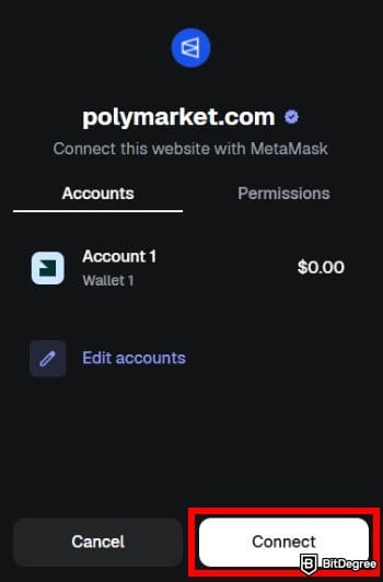Polymarket review: the connection prompt from Polymarket on MetaMask.